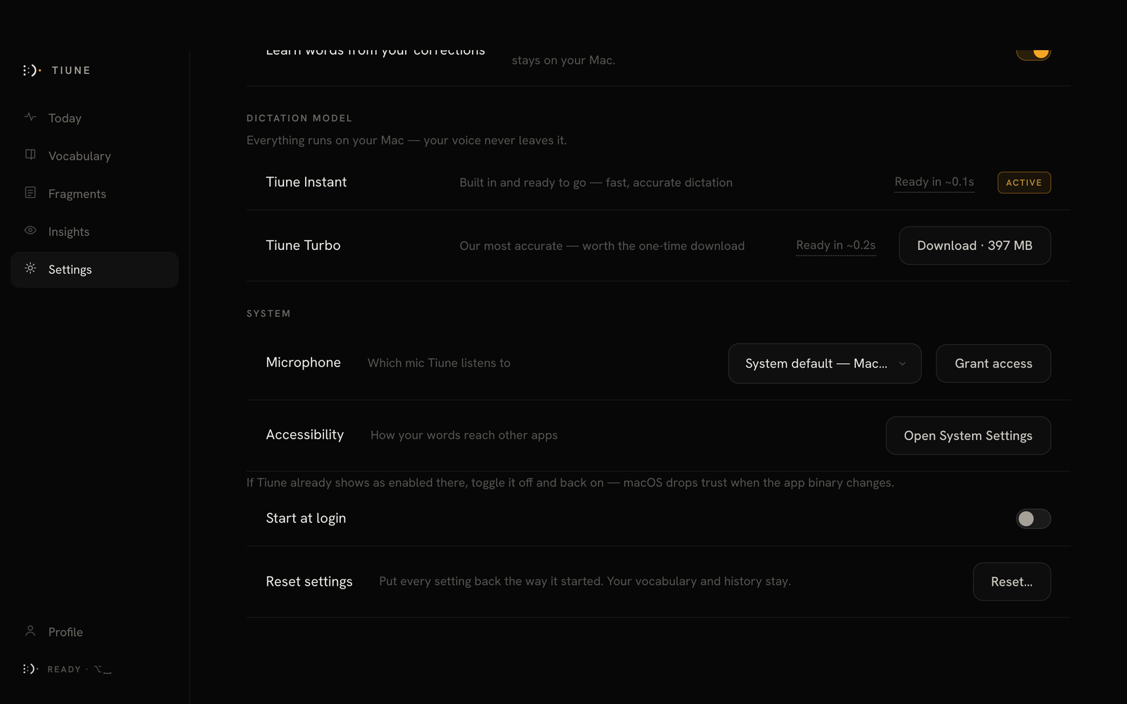 Choosing between Tiune Instant and Tiune Turbo in Settings