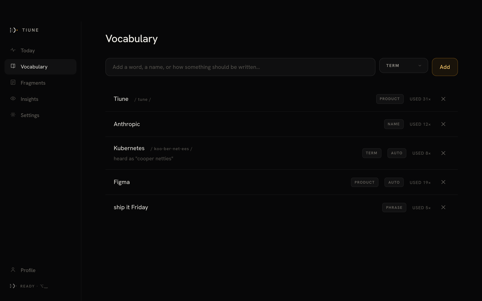 Tiune's Vocabulary settings, showing learned corrections